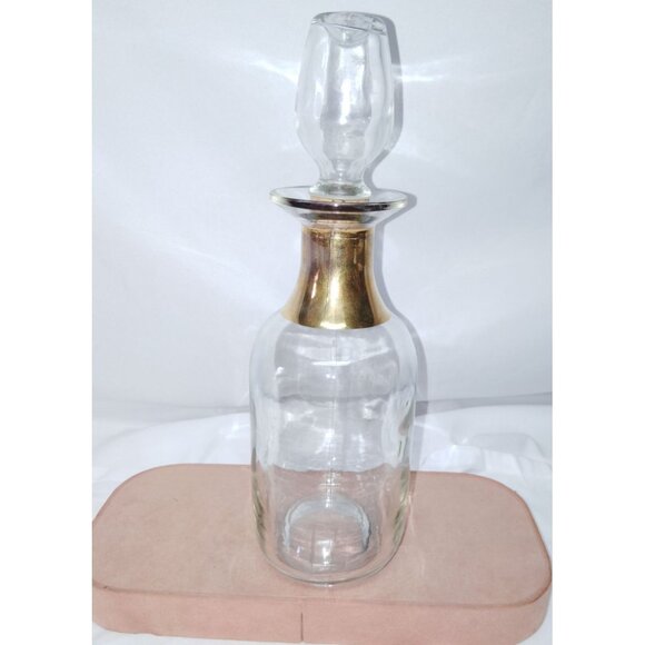 Vintage Glass Decanter With Gold Accents & Stopper 10.5" Tall - Picture 1 of 5